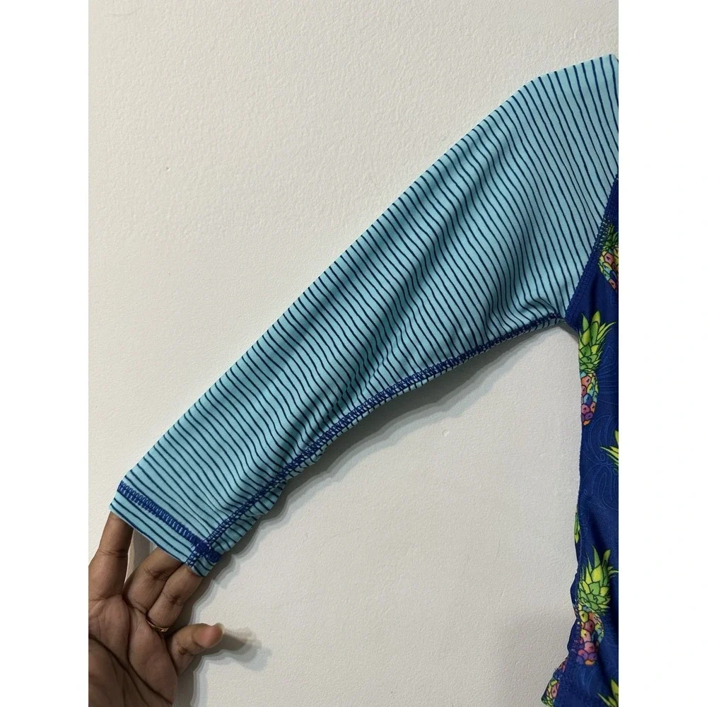UV Skinz Unisex 4T Rash Guard Swim Top UPF 50 Pineapple Blue Striped Long Sleeve